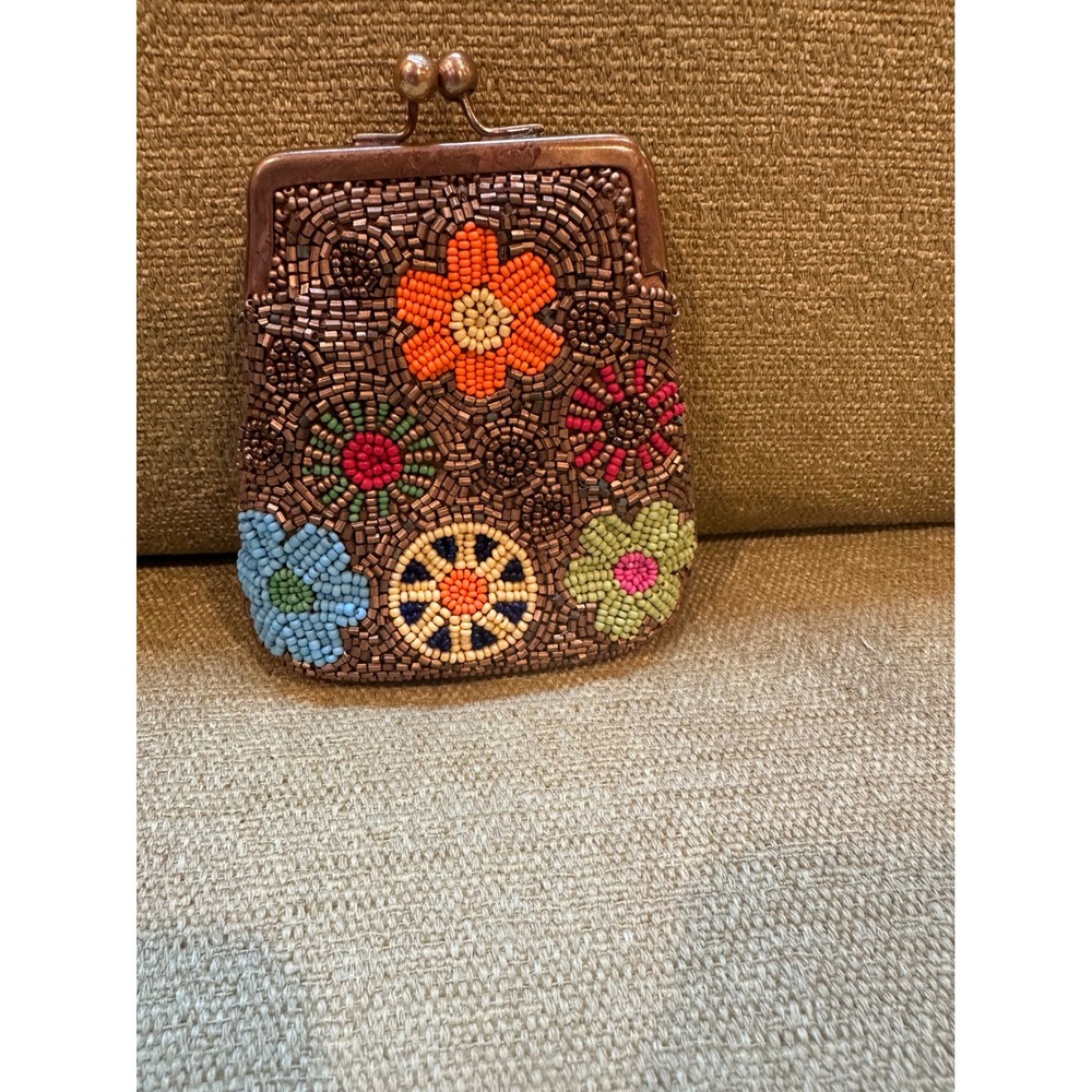 David Jeffery Beaded Floral Coin Purse Bronze Kiss Lock Small Pouch Bag